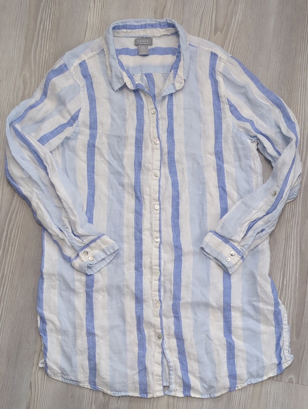 KENAR 100% Linen Blue White Striped Button Down Shirt Women's 1X Lightweight